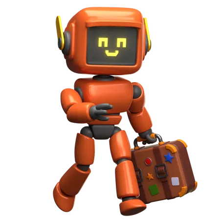 Robot orange marchant avec une mallette  3D Illustration