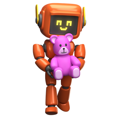 Robot orange tenant un ours en peluche  3D Illustration