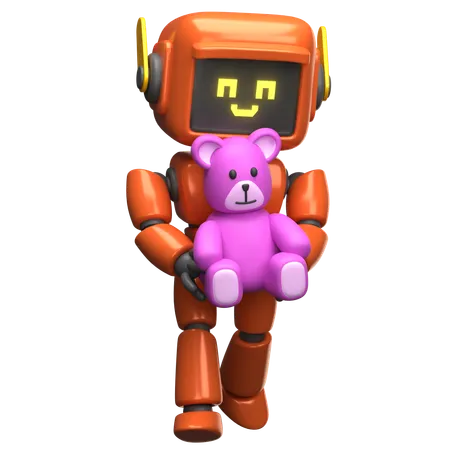 Robot orange tenant un ours en peluche  3D Illustration