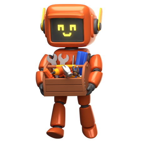 Robot orange tenant une boîte à outils  3D Illustration