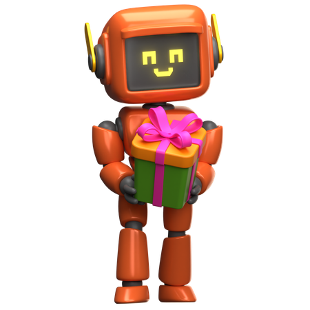 Robot orange tenant une boîte cadeau  3D Illustration