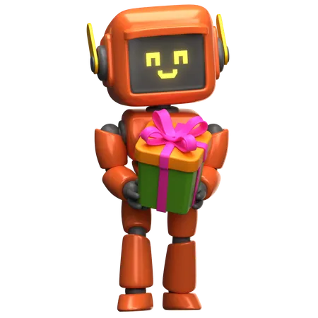 Robot orange tenant une boîte cadeau  3D Illustration