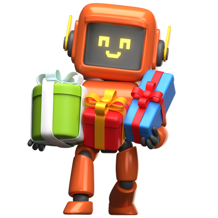 Robot orange tenant une boîte cadeau  3D Illustration