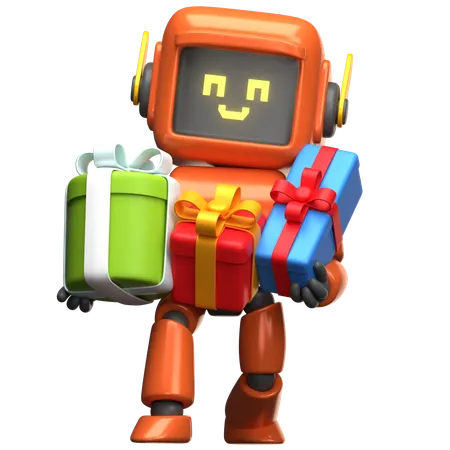 Robot orange tenant une boîte cadeau  3D Illustration