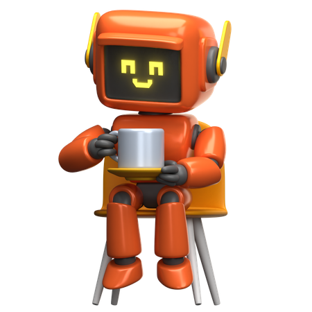 Robot orange tenant une tasse de café  3D Illustration