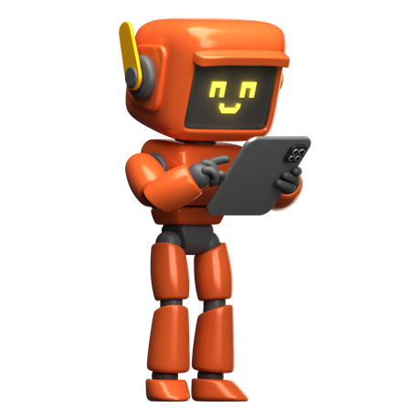 Robot orange utilisant une tablette  3D Illustration