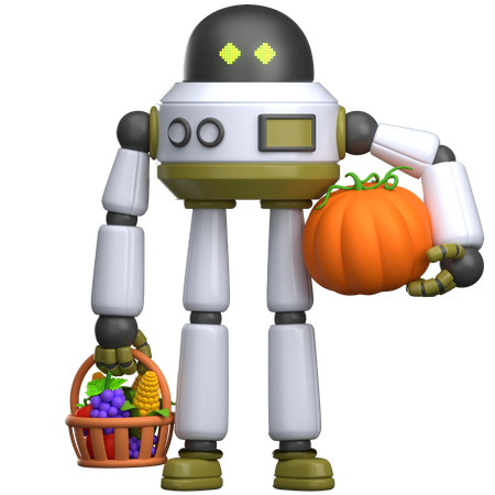 Robot transportant une citrouille et une corbeille de fruits  3D Illustration