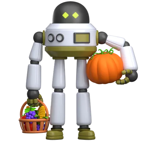 Robot transportant une citrouille et une corbeille de fruits  3D Illustration