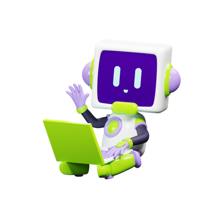 Robot sit playing laptop  3D Icon