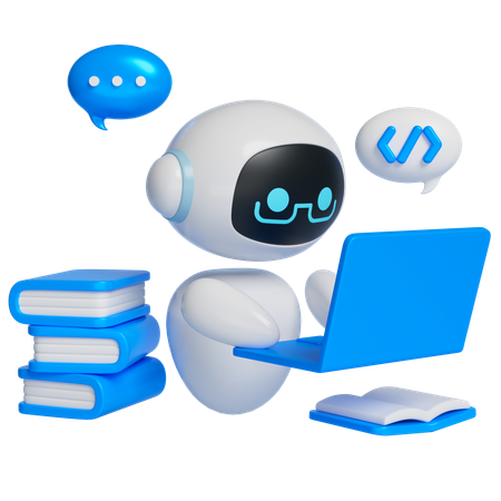 노트북 앞에서 공부하는 로봇  3D Icon