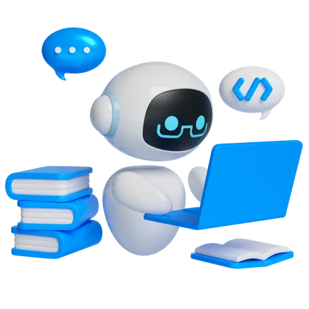 노트북 앞에서 공부하는 로봇  3D Icon