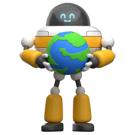 Robot tenant un globe  3D Illustration