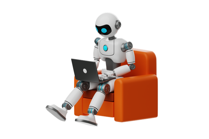 Robot using laptop working while sitting on sofa  3D Icon