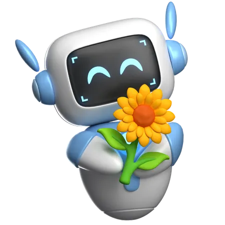 Roboter der eine Blume hält  3D Illustration