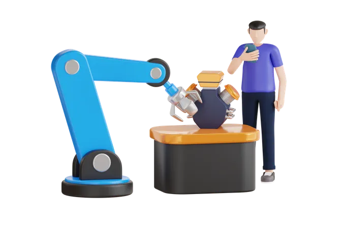 3 D Illustration Of Technician Controlling Robotic Arm With Smartphone Production Automation 3 D Illustration Robotic Production Concept 3D Illustration