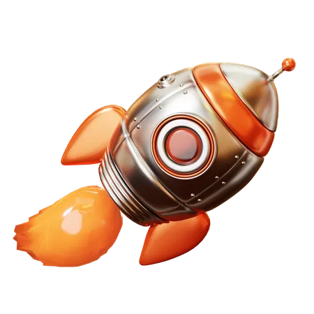3 D Cute Cartoon Metal Space Mission Spaceship Rocket With Flame Science Fiction Startup Business And Comic Galaxy Space Concept 3D Icon