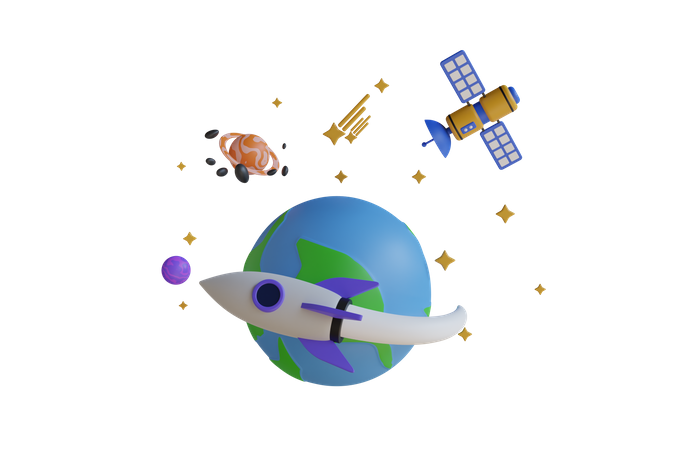 Rocket Flying Over The Earth  3D Illustration