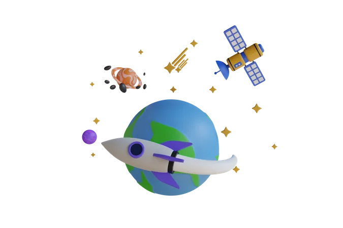 Rocket Flying Over The Earth  3D Illustration