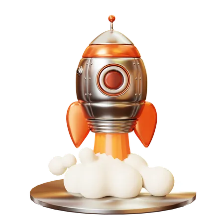 3 D Cute Cartoon Metal Space Mission Spaceship Rocket Take Off With Smoke Science Fiction Startup Business And Comic Galaxy Space Concept 3D Icon