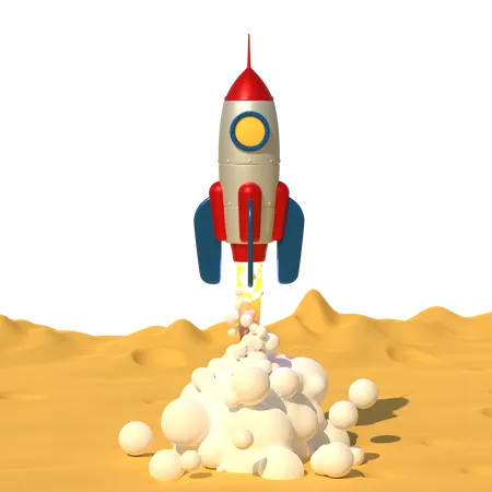 Rocket takes off with jet smoke from Moon planet surface  3D Illustration