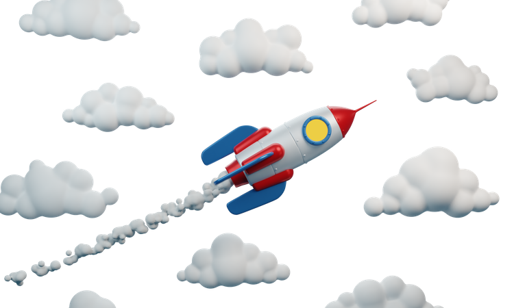 Rocket With Jet Smoke Flies Among The Clouds  3D Illustration