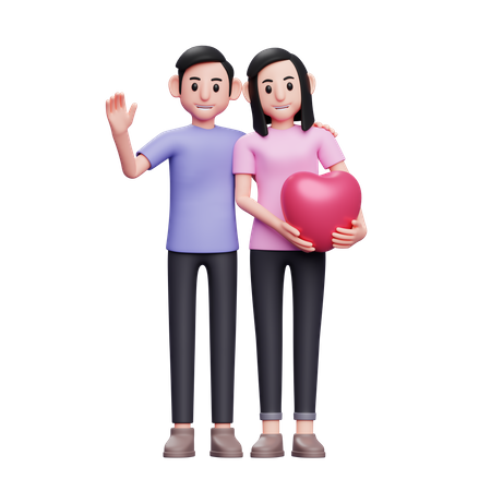 Romantic couple posing holding heart balloons 3D Illustration