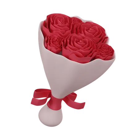 A Charming 3 D Icon Of A Rose Bouquet Wrapped In A White Cone With A Silky Red Ribbon Perfect For Romantic Gestures 3D Icon