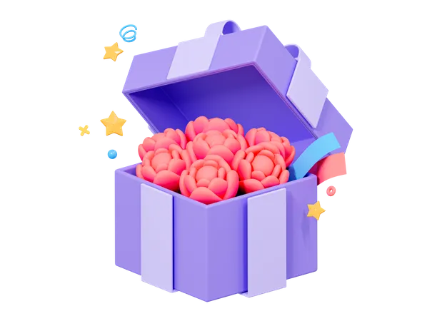 3 D Bouquet Of Roses In Gift Box Opened Surprise Package With Pink Flowers Peonies For Mothers Day March 8 And Birthday Cartoon Creative Design 3D Icon
