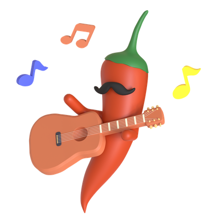 Rote Chilischote spielt Gitarre  3D Illustration
