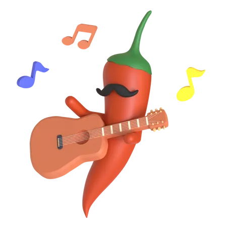 Rote Chilischote spielt Gitarre  3D Illustration