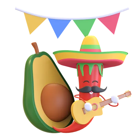 Rote Chili spielt Gitarre mit Avocado  3D Illustration