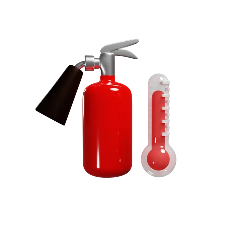 Roter Feuerlöscher und heißes Thermometer senken die Temperatur  3D Illustration