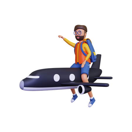 Routard voyageant en avion  3D Illustration