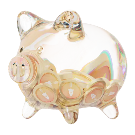 Rpl Clear Glass Piggy Bank With Decreasing Piles Of Crypto Coins  3D Icon