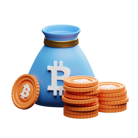 Sac Bitcoin avec piles Bitcoin  3D Illustration