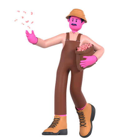 Agricultor masculino segurando saco de sementes  3D Illustration