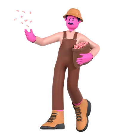 Agricultor masculino segurando saco de sementes  3D Illustration