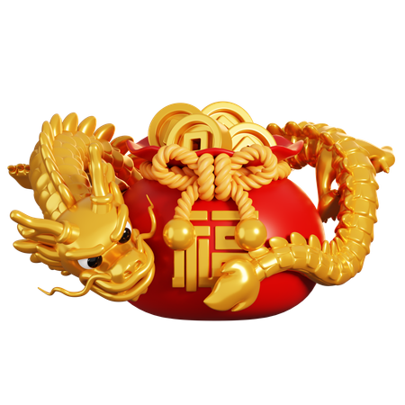 Dragão com bolsa de moedas chinesas  3D Icon