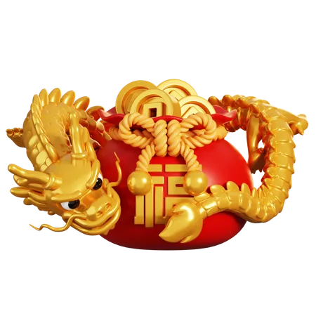 Dragão com bolsa de moedas chinesas  3D Icon