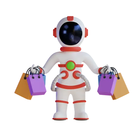 Astronauta segurando sacolas de compras  3D Illustration