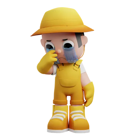 Sad Little Farmer And Cry  3D Illustration