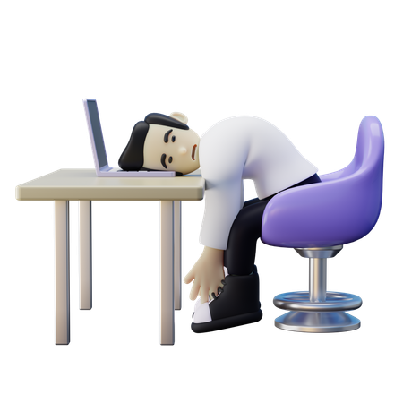 精神的に疲れ果て、ノートパソコンに頭をぶつける悲しげな男性  3D Illustration