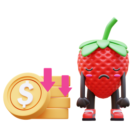 Sad Strawberry With Coins Showing Price Reduction  3D Icon