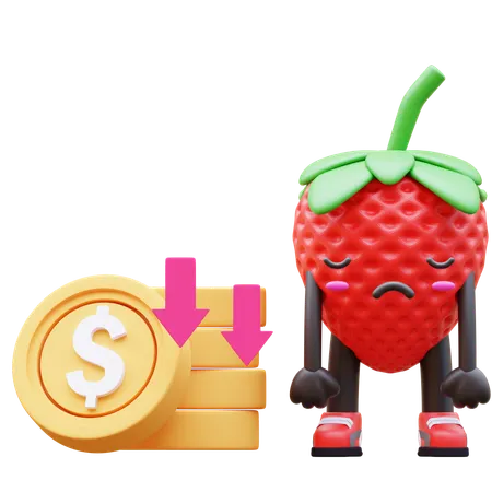 Sad Strawberry With Coins Showing Price Reduction  3D Illustration