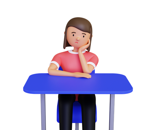 Sad woman seating on desk and thinking something  3D Illustration