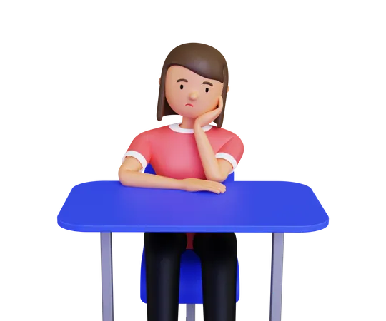 Sad woman seating on desk and thinking something  3D Illustration