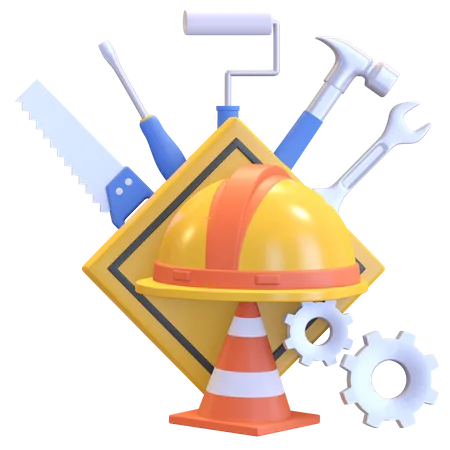 Safety helmet with construction tools 3D Illustration