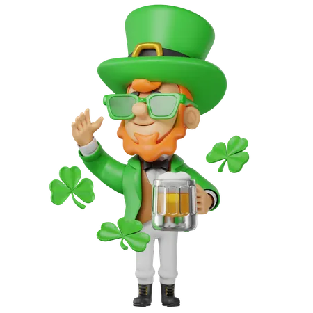 Saint Patrick Character Drinking Beer 3D Illustration