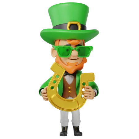 Saint Patrick Character Holding Horseshoe  3D Illustration