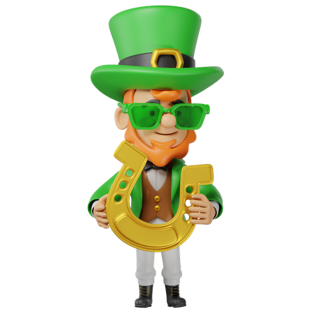 Saint Patrick Character Holding Horseshoe  3D Illustration